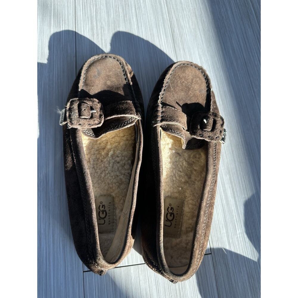 UGG Thelma suede moccasin slippers in a espresso color a with buckled strap